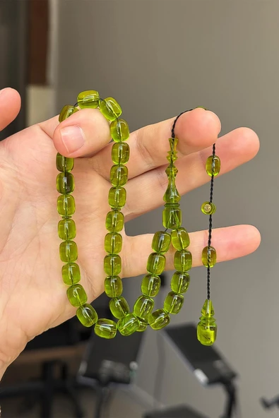 9/8 MM Usta İşçilik Yeşil Renk Ateş Kehribar Tesbih - 2