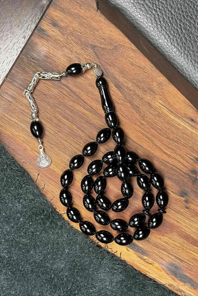 Metal Püsküllü Siyah Renk Arpa Tane Sıkma Kehribar Tesbih