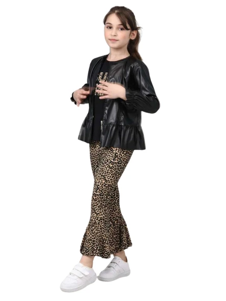 DERİ CEKETLİ LEOPAR PANTOLONLU 3'LÜ KIZ TAKIM ürün görseli 1
