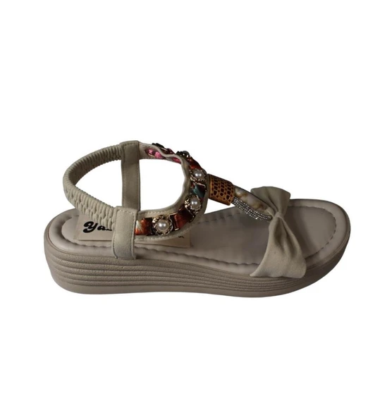 YAZKIŞ Kadın Siyah Ten Cilt Tek Bantlı Üzeri ve Bileği Taşlı 4cm Arkası Lastikli Kalın Taban Sandale - Resim 6