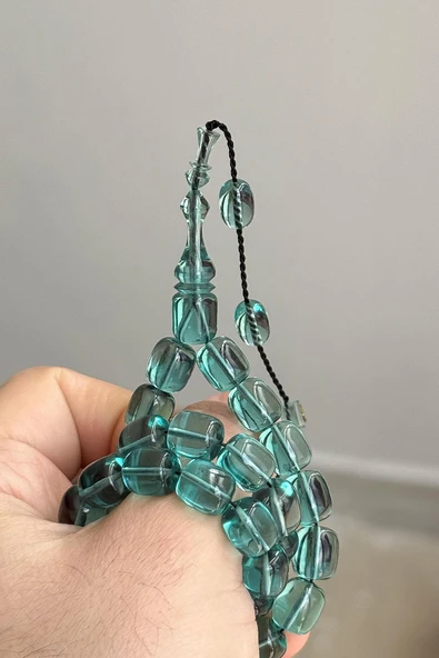 9/8 MM Usta İşçilik Su Yeşili Ateş Kehribar Tesbih - 4