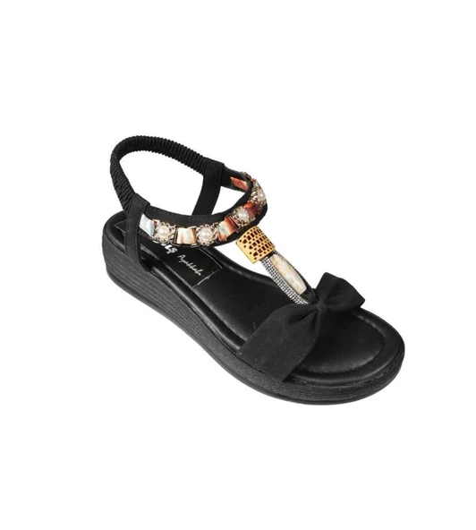 YAZKIŞ Kadın Siyah Ten Cilt Tek Bantlı Üzeri ve Bileği Taşlı 4cm Arkası Lastikli Kalın Taban Sandale - Resim 11