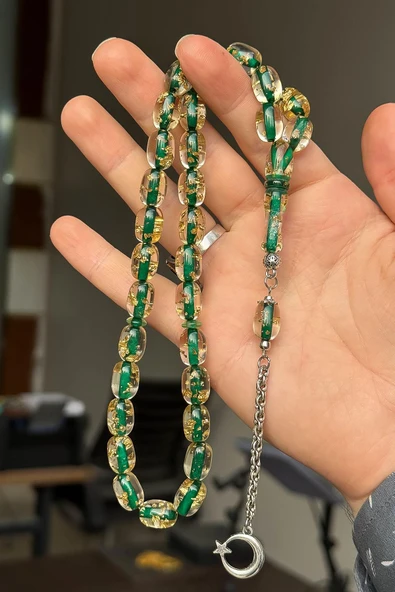Altın Varaklı Yeşil Renk Badem Kesim Toz Kehribar Tesbih