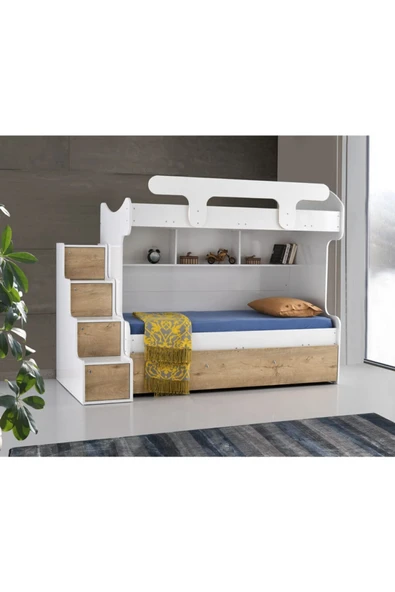 beenal Samara Ranza - 3 Karyolalı Merdivenli Ranza -yavrulu Karyolalı - Parlak Beyaz-sonoma Ceviz