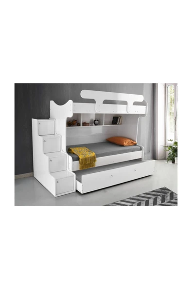 beenal Samara Ranza - 3 Karyolalı Merdivenli Ranza ,yavrulu Karyolalı - Parlak Beyaz - 2