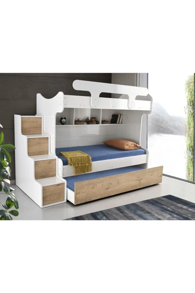 beenal Samara Ranza - 3 Karyolalı Merdivenli Ranza -yavrulu Karyolalı - Parlak Beyaz-sonoma Ceviz - 2