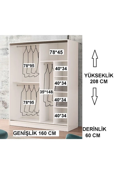 beenal Venüs Sürgülü Gardırop 160 Cm - Parlak Beyaz - 3