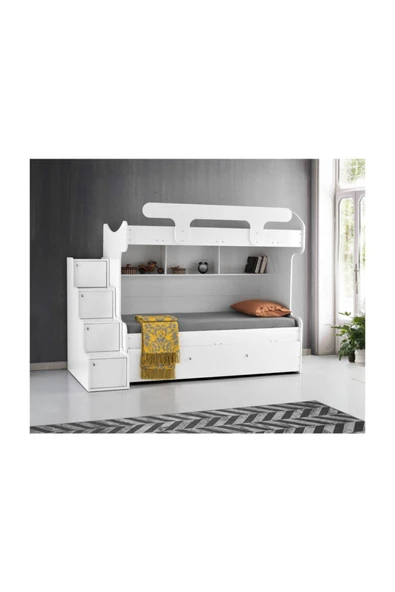 beenal Samara Ranza - 3 Karyolalı Merdivenli Ranza ,yavrulu Karyolalı - Parlak Beyaz