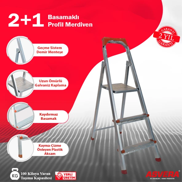 ASVERA 2+1 Basamaklı Profil Merdiven – Hafif, Kaymaz, Ev & İş Yeri Kullanımı İçin - Resim 2
