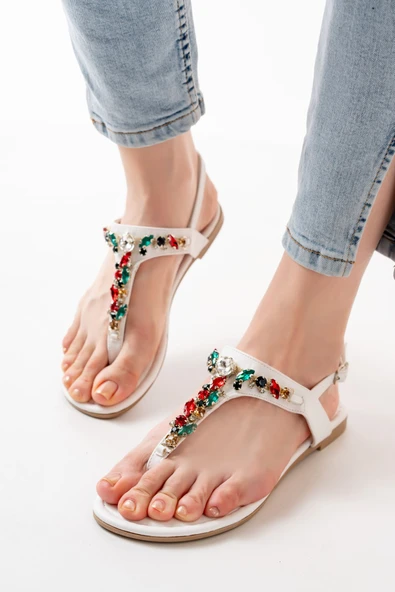 152-1110 Beyaz Multi Taşlı Parmak Arası Kadın Sandalet - Resim 5