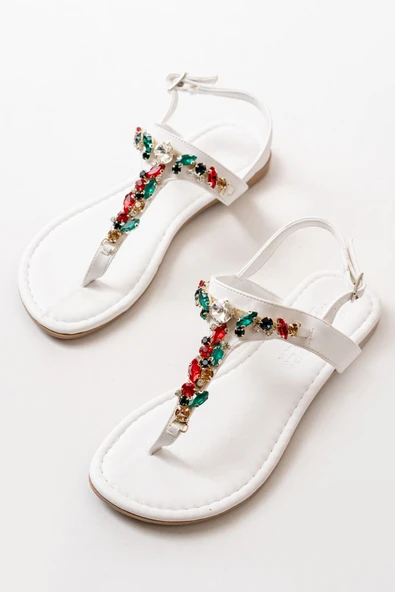 152-1110 Beyaz Multi Taşlı Parmak Arası Kadın Sandalet - Resim 2
