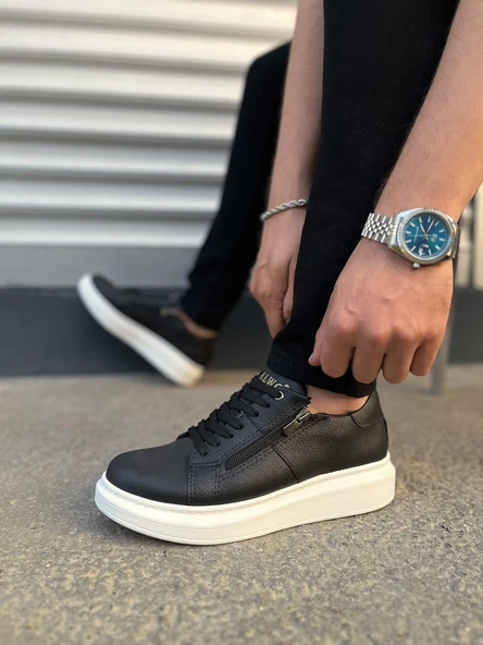 Warrior Bağcıklı ve Fermuarlı Cilt Erkek Günlük Sneaker Ayakkabı CBT - Siyah - 3