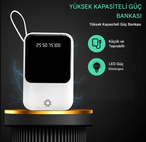 QASUL Kendinden Kablolu Taşınabilir Pratik 10000 MAH Powerbank Led Göstergeli Güç Deposu - 2