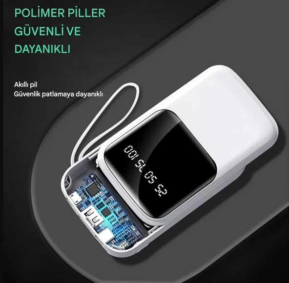 QASUL Kendinden Kablolu Taşınabilir Pratik 10000 MAH Powerbank Led Göstergeli Güç Deposu - 6