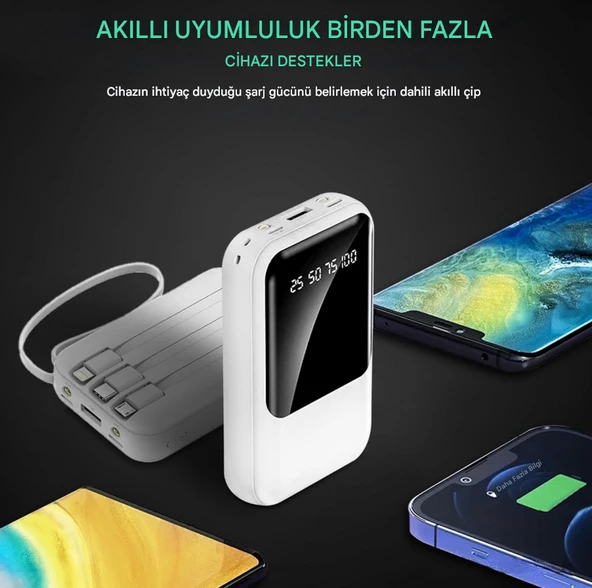 QASUL Kendinden Kablolu Taşınabilir Pratik 10000 MAH Powerbank Led Göstergeli Güç Deposu - 3