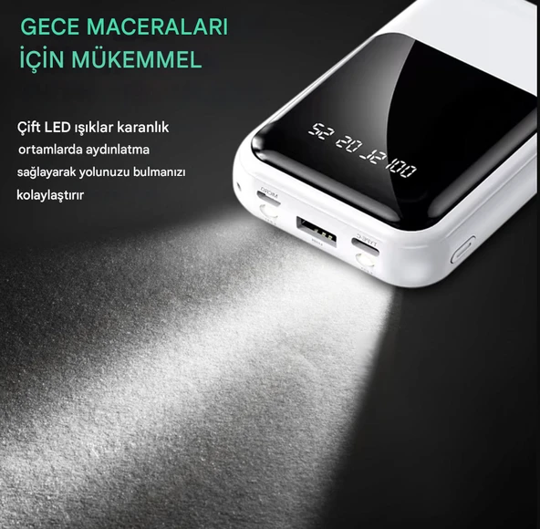 QASUL Kendinden Kablolu Taşınabilir Pratik 10000 MAH Powerbank Led Göstergeli Güç Deposu - 5