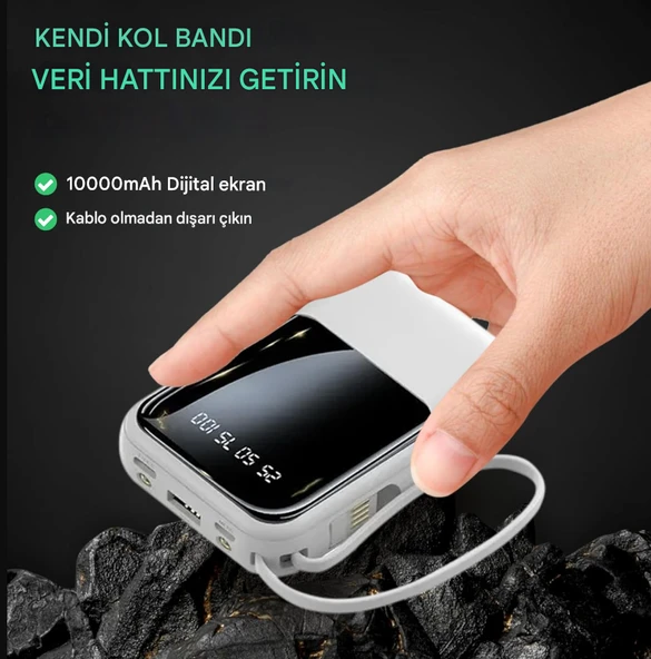 QASUL Kendinden Kablolu Taşınabilir Pratik 10000 MAH Powerbank Led Göstergeli Güç Deposu - 4