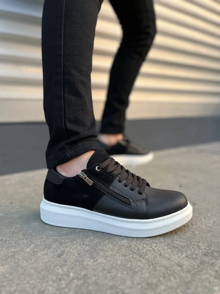 Warrior Bağcıklı ve Fermuarlı Cilt Süet Erkek Günlük Sneaker Ayakkabı CSBT - Siyah