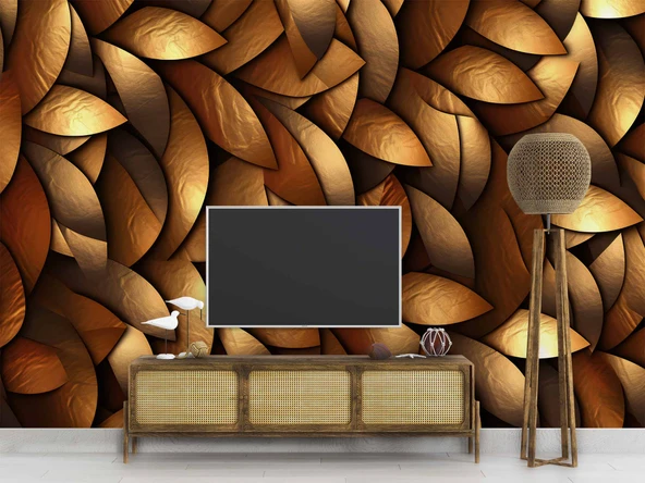 3 Boyutlu Altın Yaprak Görünümlü Duvar Kağıdı Baskı - Resim 3