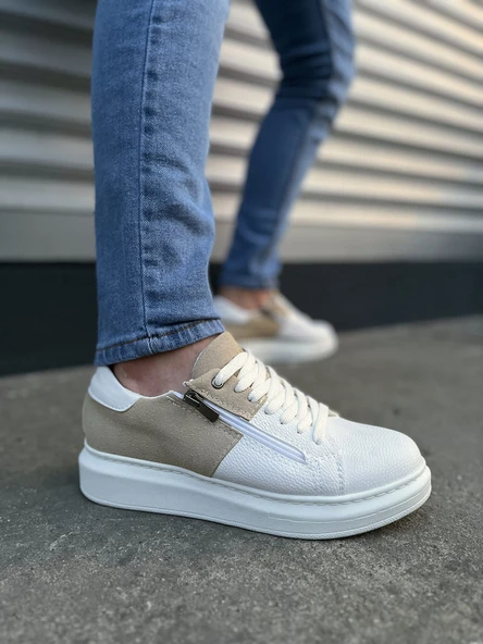 Warrior Bağcıklı ve Fermuarlı Cilt Süet Erkek Günlük Sneaker Ayakkabı CSBT - Beyaz/Krem