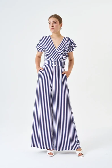 Fırfır Detaylı Bluz Ve Bol paça Pantolon Çizgili Kemerli Tulum - Resim 7