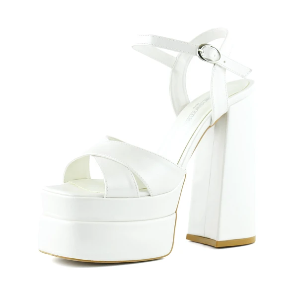 Erkan Saçmacı Whitney İnci Beyaz Sedef Önü Arkası Açık Çift Platformlu Bantlı Abiye Gelin Ayakkabısı