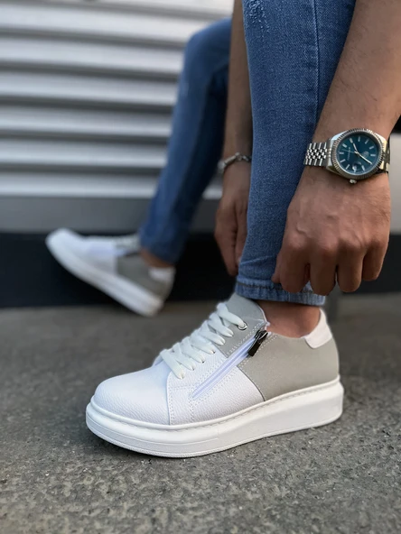 Warrior Bağcıklı ve Fermuarlı Cilt Süet Erkek Günlük Sneaker Ayakkabı CSBT - Beyaz/Gri - 3
