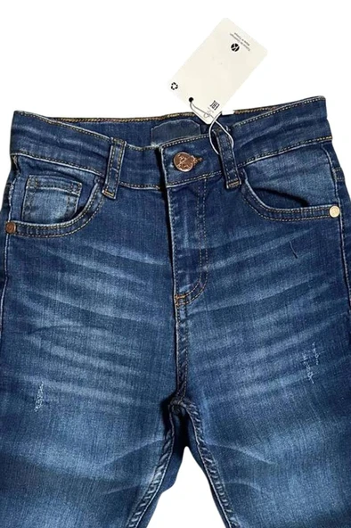 Erkek Çocuk Çift Cepli Likralı Gabardin Mavi Jean Pantolon - 3