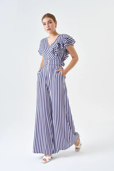 Fırfır Detaylı Bluz Ve Bol paça Pantolon Çizgili Kemerli Tulum - Resim 9