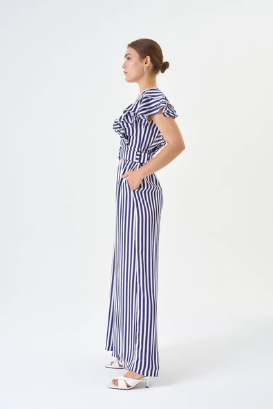 Fırfır Detaylı Bluz Ve Bol paça Pantolon Çizgili Kemerli Tulum - Resim 5