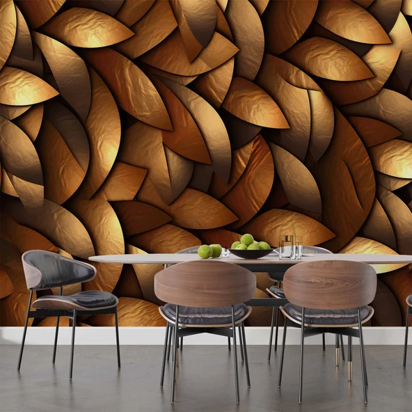 3 Boyutlu Altın Yaprak Görünümlü Duvar Kağıdı Baskı - Resim 5