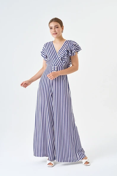 Fırfır Detaylı Bluz Ve Bol paça Pantolon Çizgili Kemerli Tulum - Resim 4