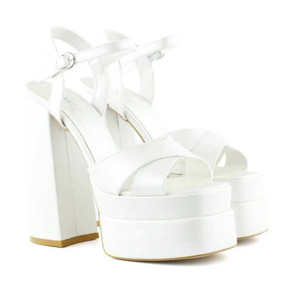 Erkan Saçmacı Whitney İnci Beyaz Sedef Önü Arkası Açık Çift Platformlu Bantlı Abiye Gelin Ayakkabısı - 3