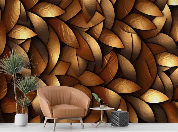 3 Boyutlu Altın Yaprak Görünümlü Duvar Kağıdı Baskı - Resim 6