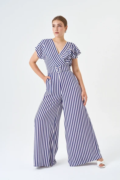 Fırfır Detaylı Bluz Ve Bol paça Pantolon Çizgili Kemerli Tulum - Resim 10