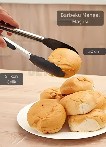 Sunum Maşası Barbekü Maşası Mangal Maşa Silikon Salata Maşası Siyah 30 cm
