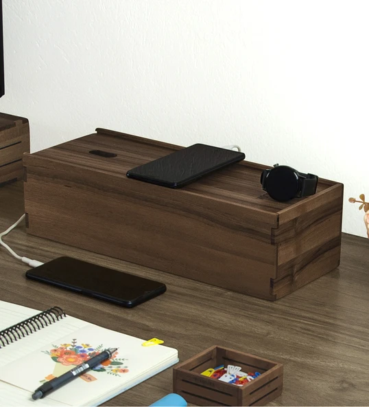Woodsaka Reka Kablo Yönetim Kutusu ve Organizer & Güvenlik İstasyonu - Kayar Kapaklı - Ceviz - 32cm x 15cm x 11cm - 7