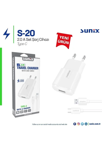 Sunix S-20 2a Type-c Şarj Aleti Set Başlık + Kablo