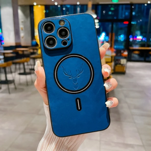 iPhone 13 Pro Max Deri Desen Manyetik Araç Tutucu Kılıf - Mavi