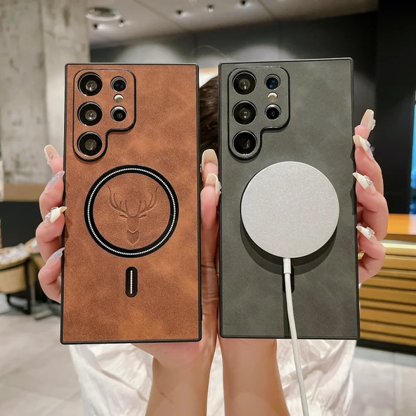 Samsung S24 Ultra Turuncu Deri Dokulu Manyetik Araç Tutucu Kılıf - 2