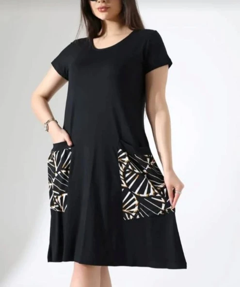 KADIN YAZLIK KISA KOL VİSKON TORBA CEPLİ ELBİSE - 4