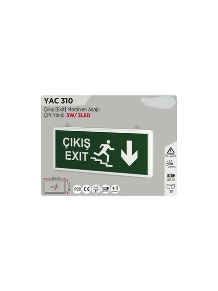 YCL YAC-310 MERDİVEN AŞAĞI ÇIKIŞ EXİT LEVHASI ŞARJLI LEDLİ