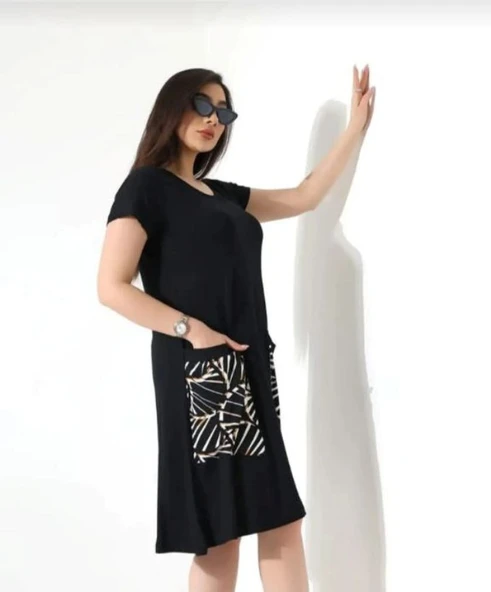 KADIN YAZLIK KISA KOL VİSKON TORBA CEPLİ ELBİSE - 3