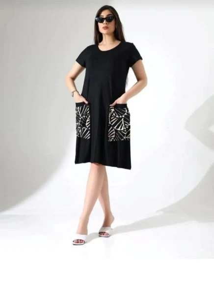 KADIN YAZLIK KISA KOL VİSKON TORBA CEPLİ ELBİSE