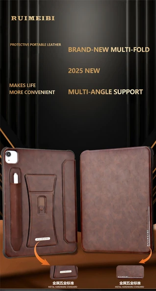 iPad Air 13 2024 Kılıf - Koyu Kahverengi - Manyetik Standlı - Kart Yuvalı - 5