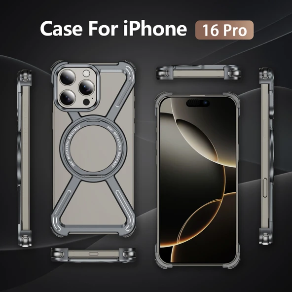 iPhone 16 Pro Manyetik Kablosuz Şarj Metal 360° Dönebilen Standlı Telefon Kılıfı - Gri