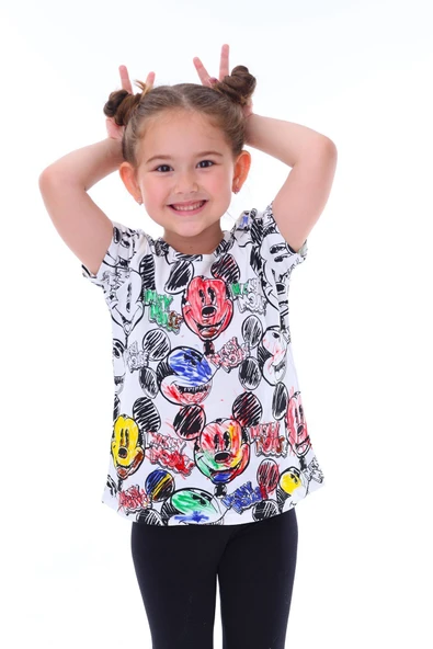 Summer Mickeyli Kız Çocuk T-shirt (BOYANABİLİR KALEMLERİ HEDİYE ! YIKAMA SONRASI LEKE BIRAKMAZ) - 2
