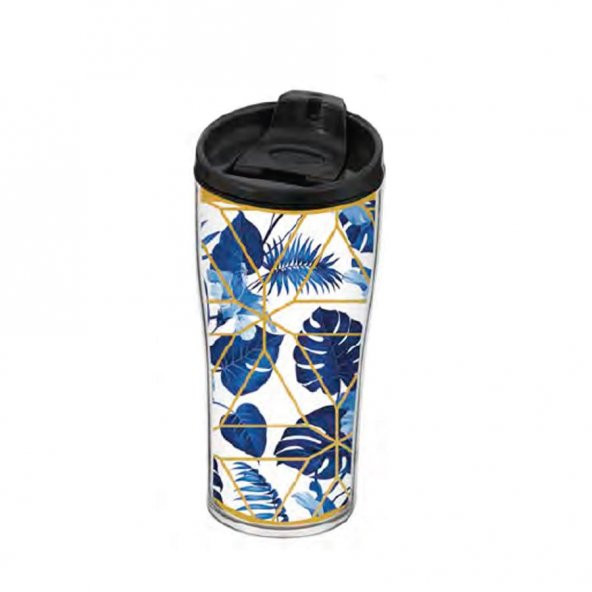 440cc Desenli Kahve Matarası Bardak Mavi Yaprak ürün görseli 1