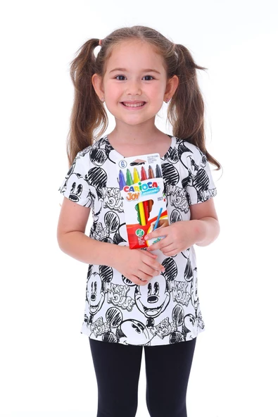 Summer Mickeyli Kız Çocuk T-shirt (BOYANABİLİR KALEMLERİ HEDİYE ! YIKAMA SONRASI LEKE BIRAKMAZ) - 1