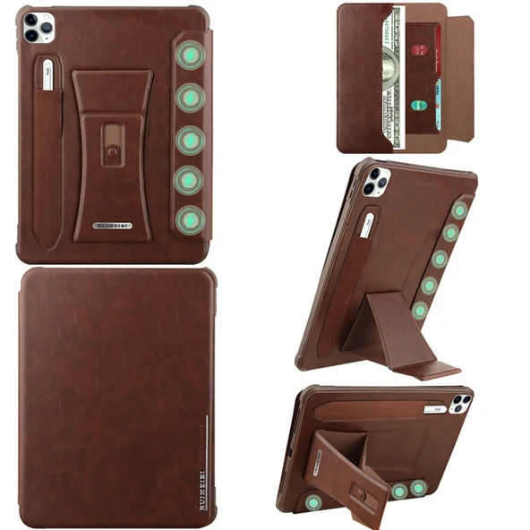 iPad Air 13 2024 Kılıf - Koyu Kahverengi - Manyetik Standlı - Kart Yuvalı